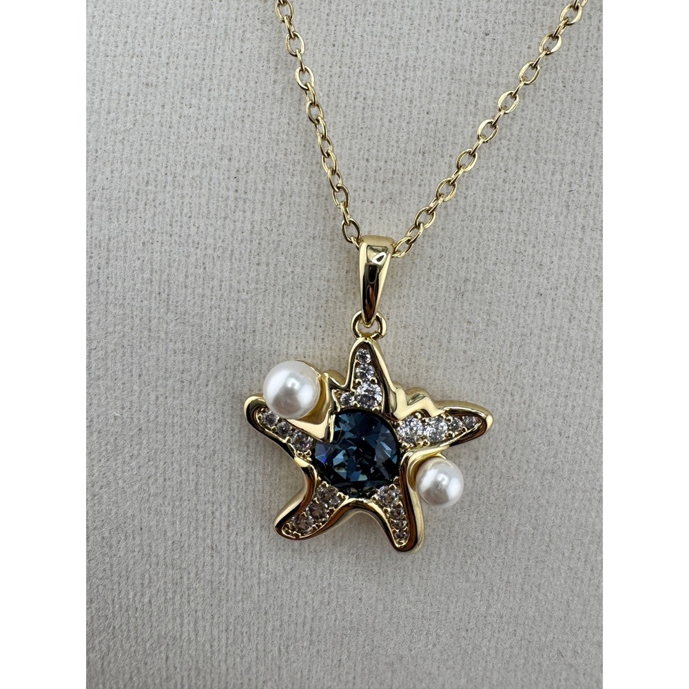 14K Gold Plated Starfish Necklace and Earring Set Blue Crystal Pearl Nautical